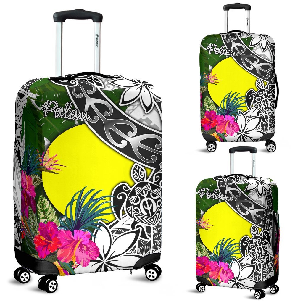Palau Luggage Covers White - Turtle Plumeria Banana Leaf White - Polynesian Pride