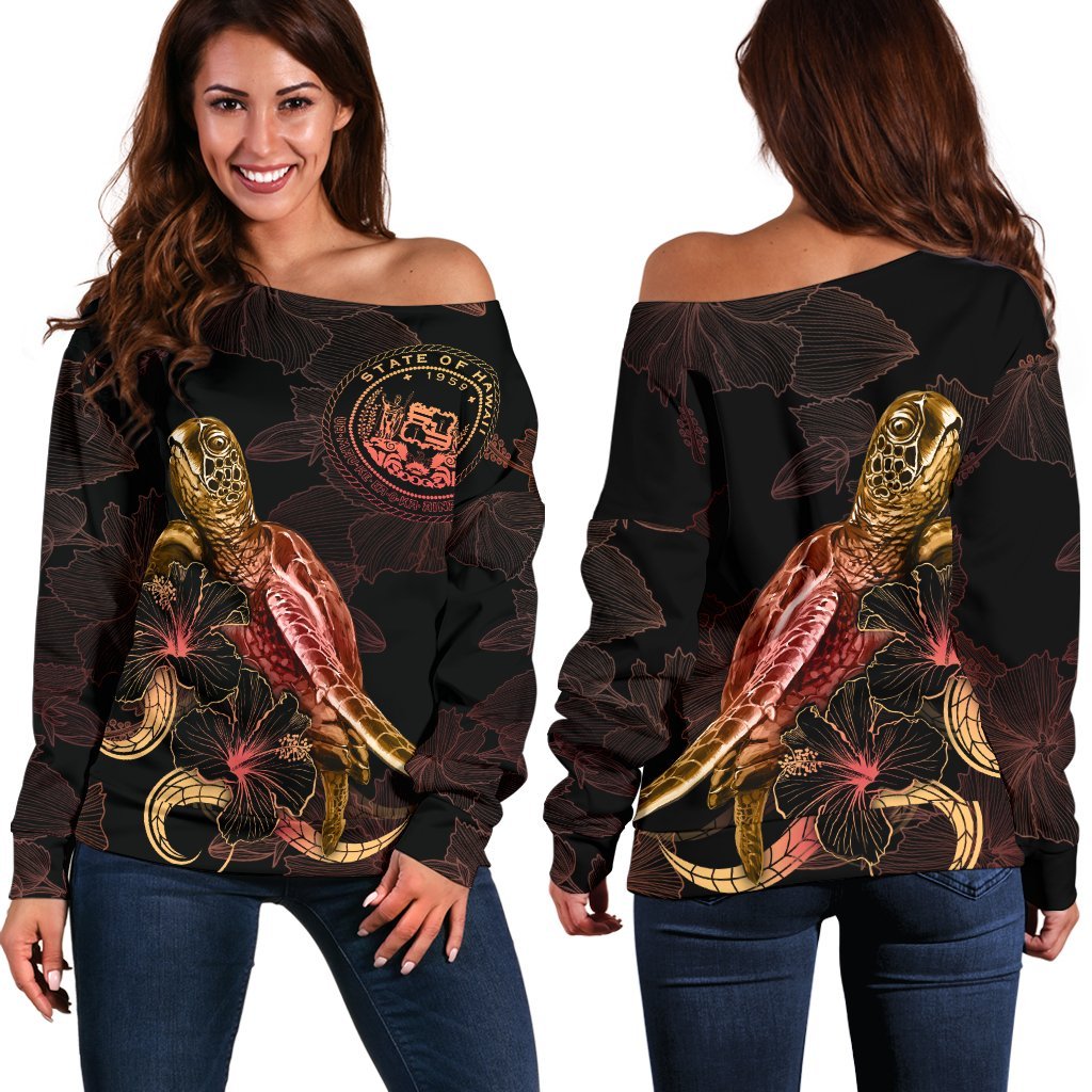 Hawaii Polynesian Women's Off Shoulder Sweater - Turtle With Blooming Hibiscus Gold Gold - Polynesian Pride