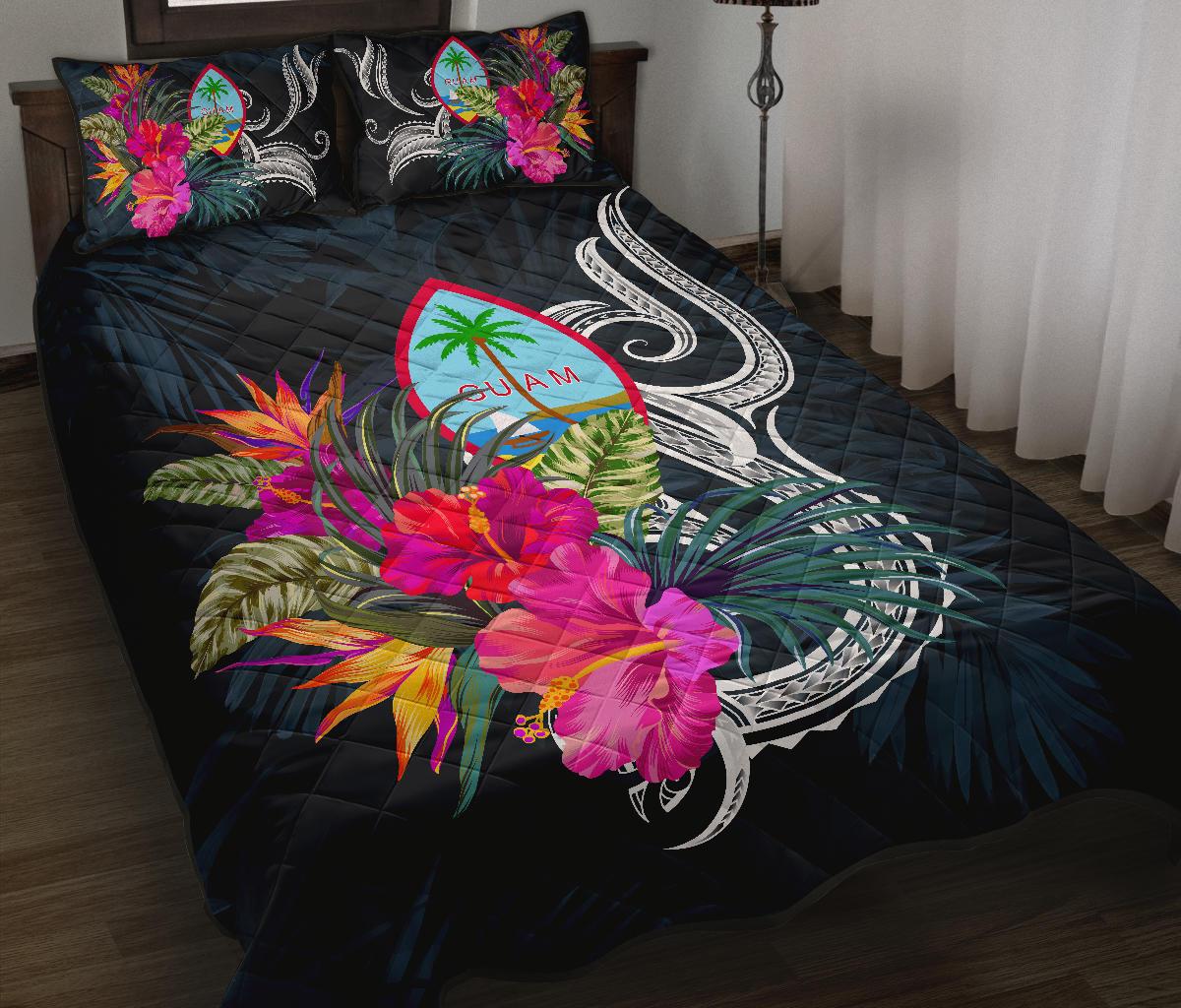 Guam Polynesian Quilt Bed Set - Tropical Flower Blue - Polynesian Pride