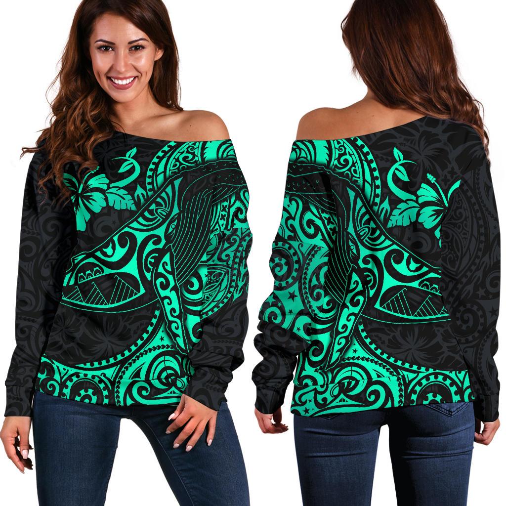 Polynesian Hawaii Off Shoulder Sweater - Polynesian Turquoise Humpback Whale Turquoise - Polynesian Pride