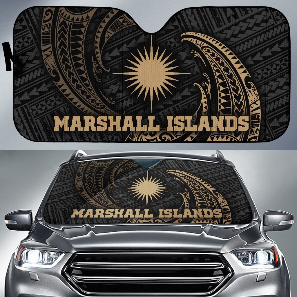 Polynesian Marshall Islands Sun Shades - Gold Tribal Wave Auto Sun Shade Universal Fit Gold - Polynesian Pride