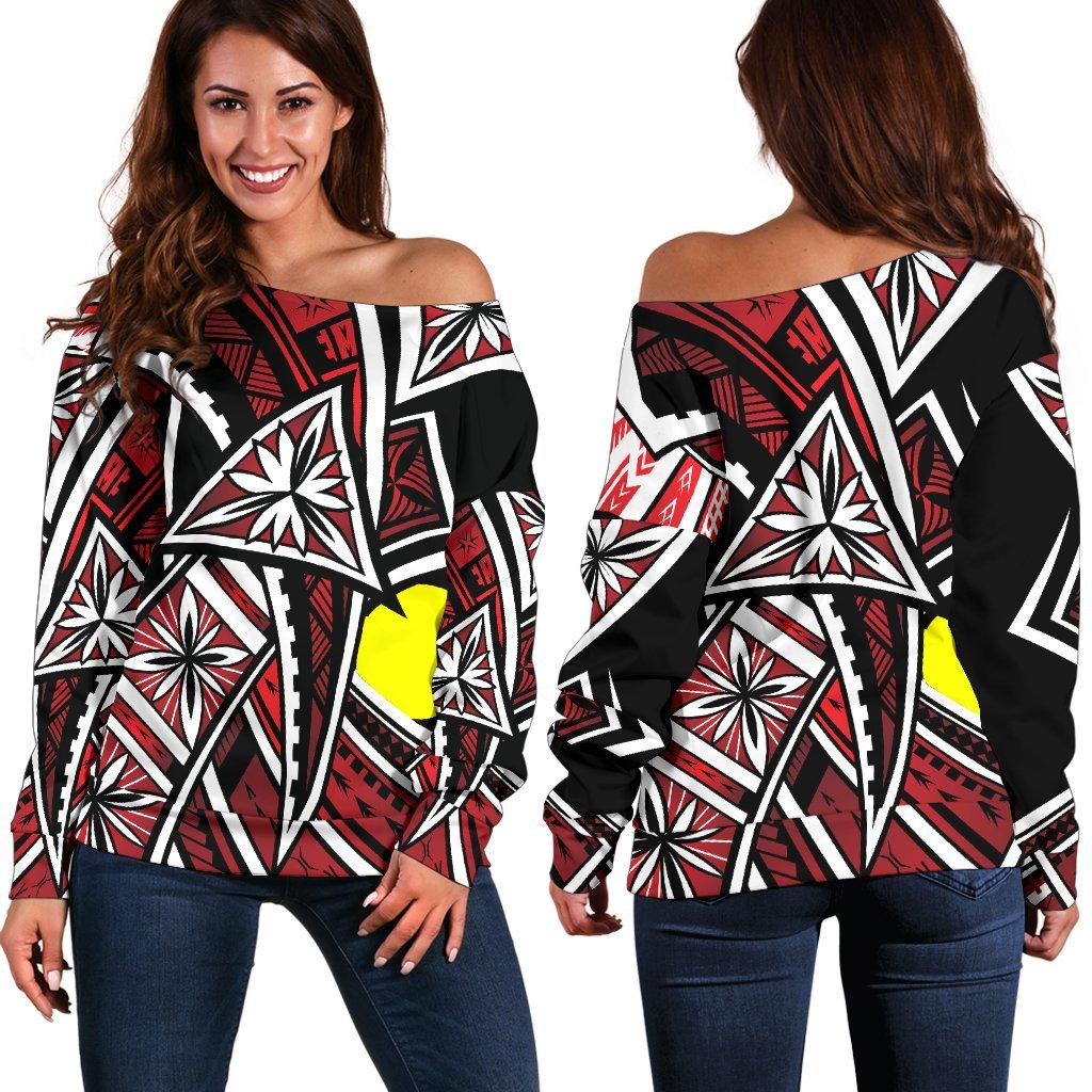 Palau Women's Off Shoulder Sweaters - Tribal Flower Special Pattern Red Color Red - Polynesian Pride