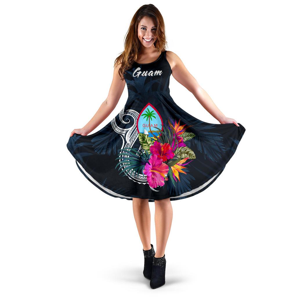 Guam Polynesian Midi Dress - Tropical Flower Women Blue - Polynesian Pride