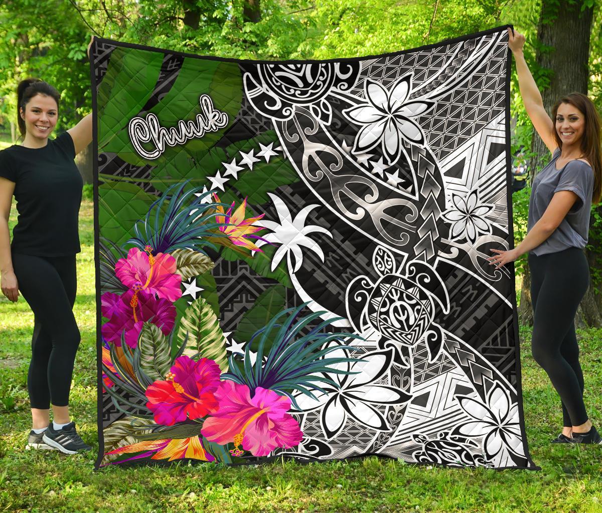 Chuuk Premium Quilt - Turtle Plumeria Banana Leaf Black - Polynesian Pride