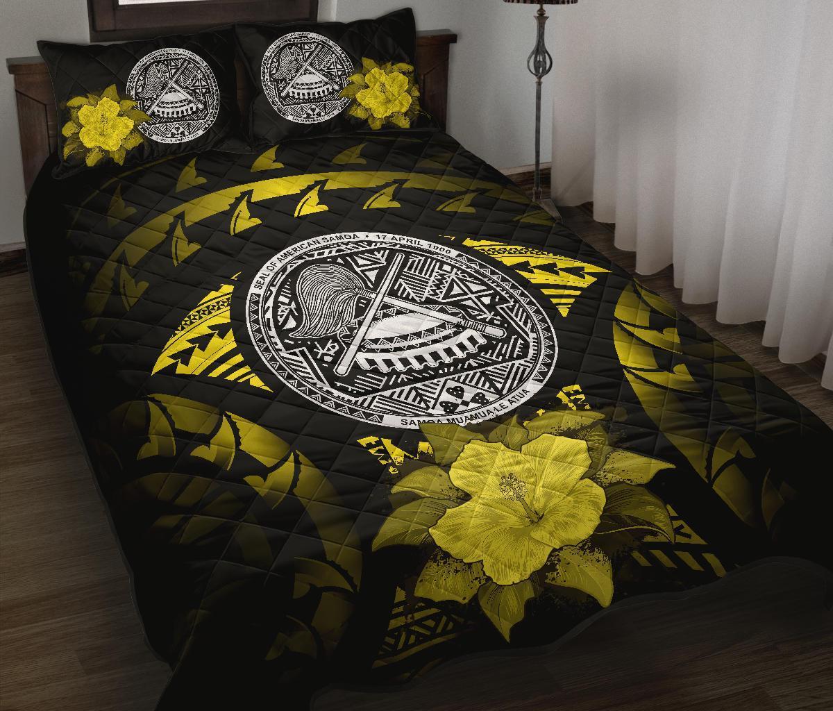 American Samoa Polynesian Quilt Bed Set Hibiscus Yellow Black - Polynesian Pride