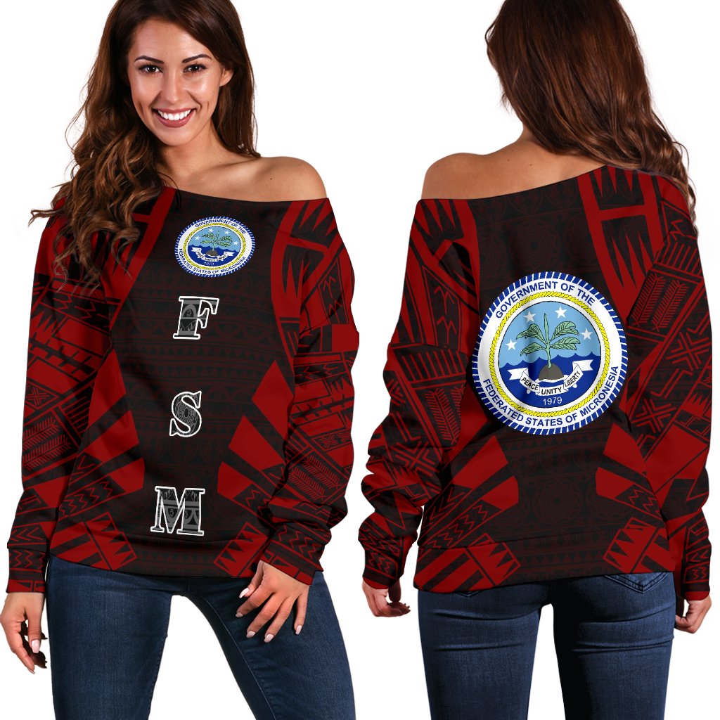 Federated States Of Micronesia Women's Off Shoulder Sweater - Polynesian Tattoo Red Red - Polynesian Pride