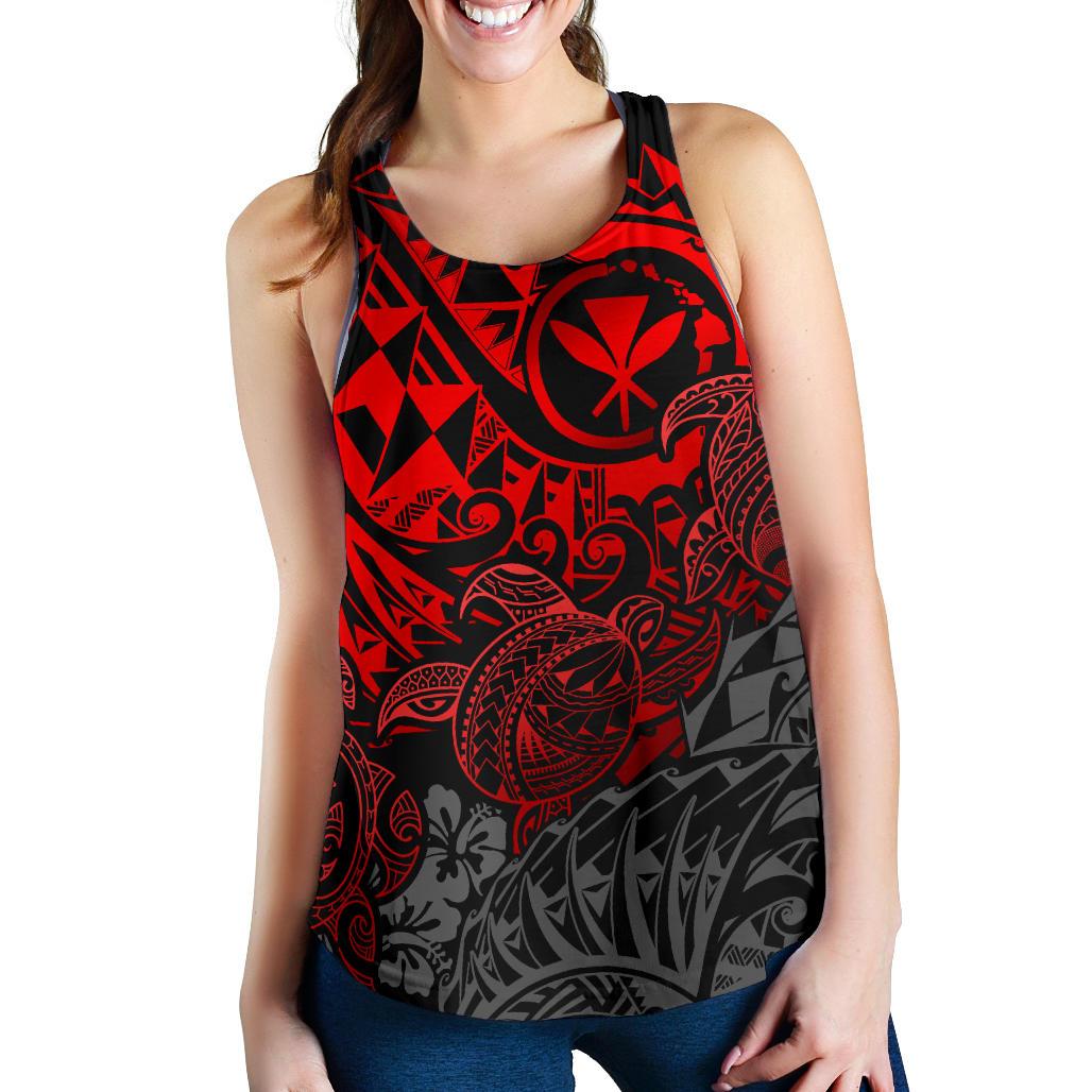Polynesian Hawaii (Kanaka Maoli) Women's Racerback Tank - Red Turtle Hibiscus Flowing - Polynesian Pride