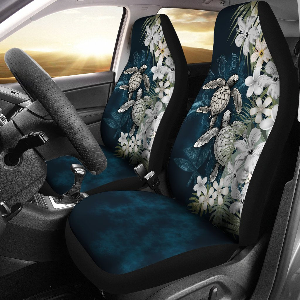 Kanaka Maoli (Hawaiian) Car Seat Covers - Sea Turtle Tropical Hibiscus And Plumeria White - Polynesian Pride