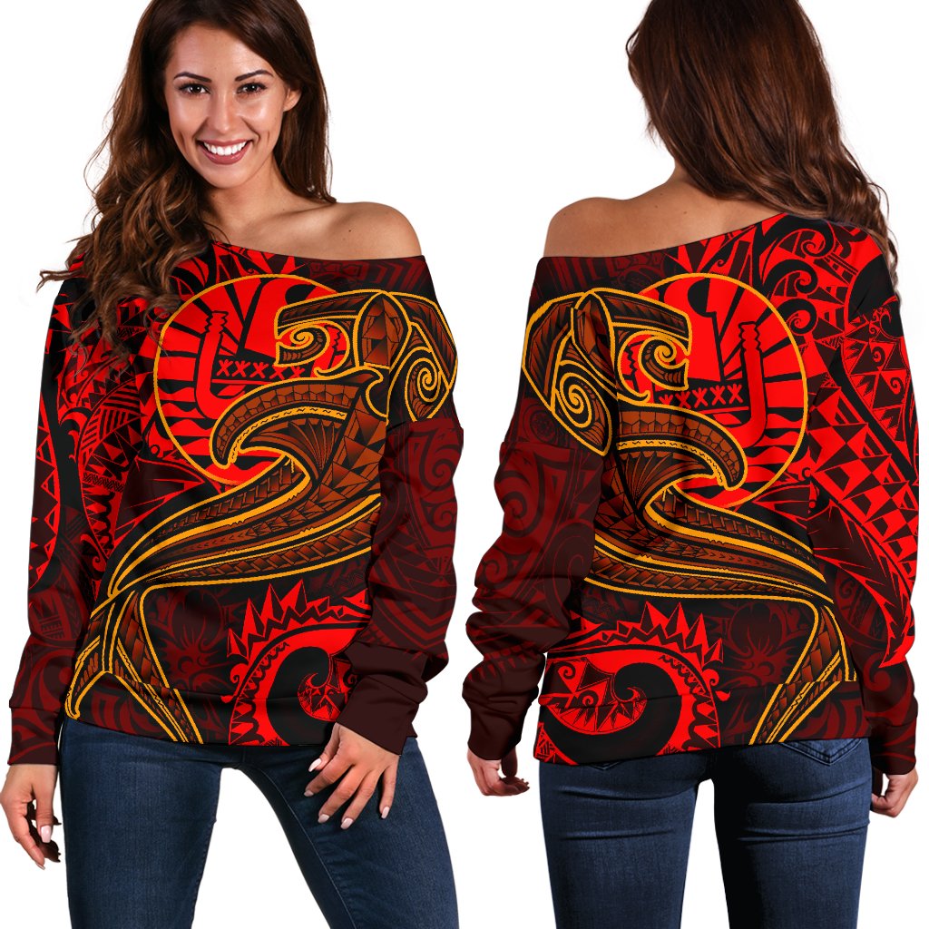 Tahiti Women's Off Shoulder Sweater - Red Shark Polynesian Tattoo Red - Polynesian Pride