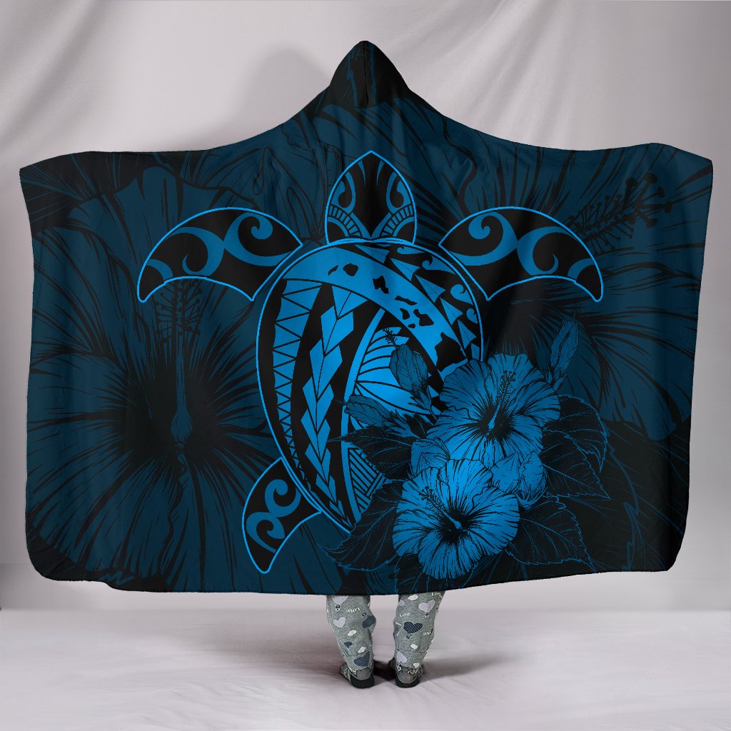 Hawaii Hibiscus Hooded Blanket - Harold Turtle - Traffic Blue Hooded Blanket Blue - Polynesian Pride