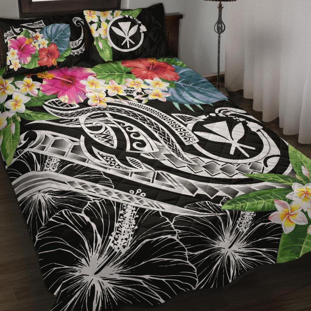 Polynesian Hawaii Kanaka Maoli Quilt Bed Set - Summer Plumeria (Black) Black - Polynesian Pride