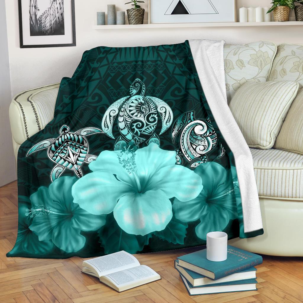 Polynesian Premium Blanket Turtle And Hibiscus Turquoise White - Polynesian Pride