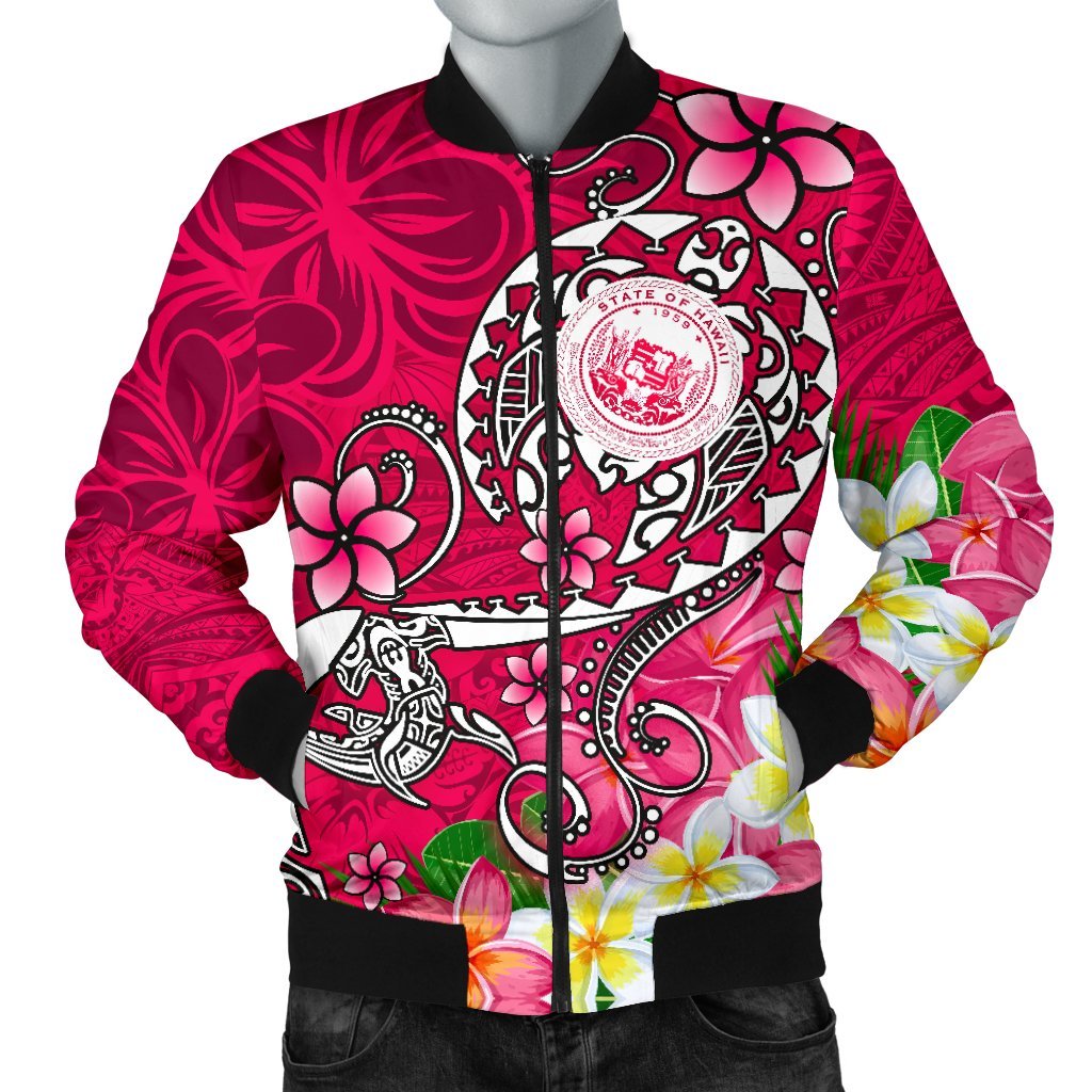 Hawaii Polynesian Men's Bomber Jacket - Hawaii Seal With Turtle Plumeria (Pink) Pink - Polynesian Pride