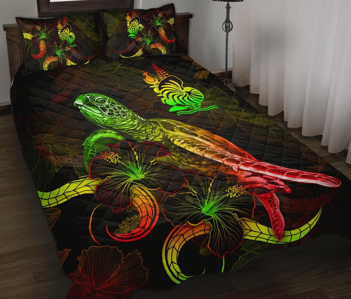 New Caledonia Polynesian Quilt Bed Set - Turtle With Blooming Hibiscus Reggae Art - Polynesian Pride