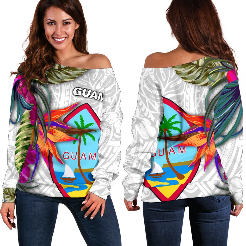 Guam Women's Off Shoulder Sweater Polynesian Hibiscus White Pattern White - Polynesian Pride