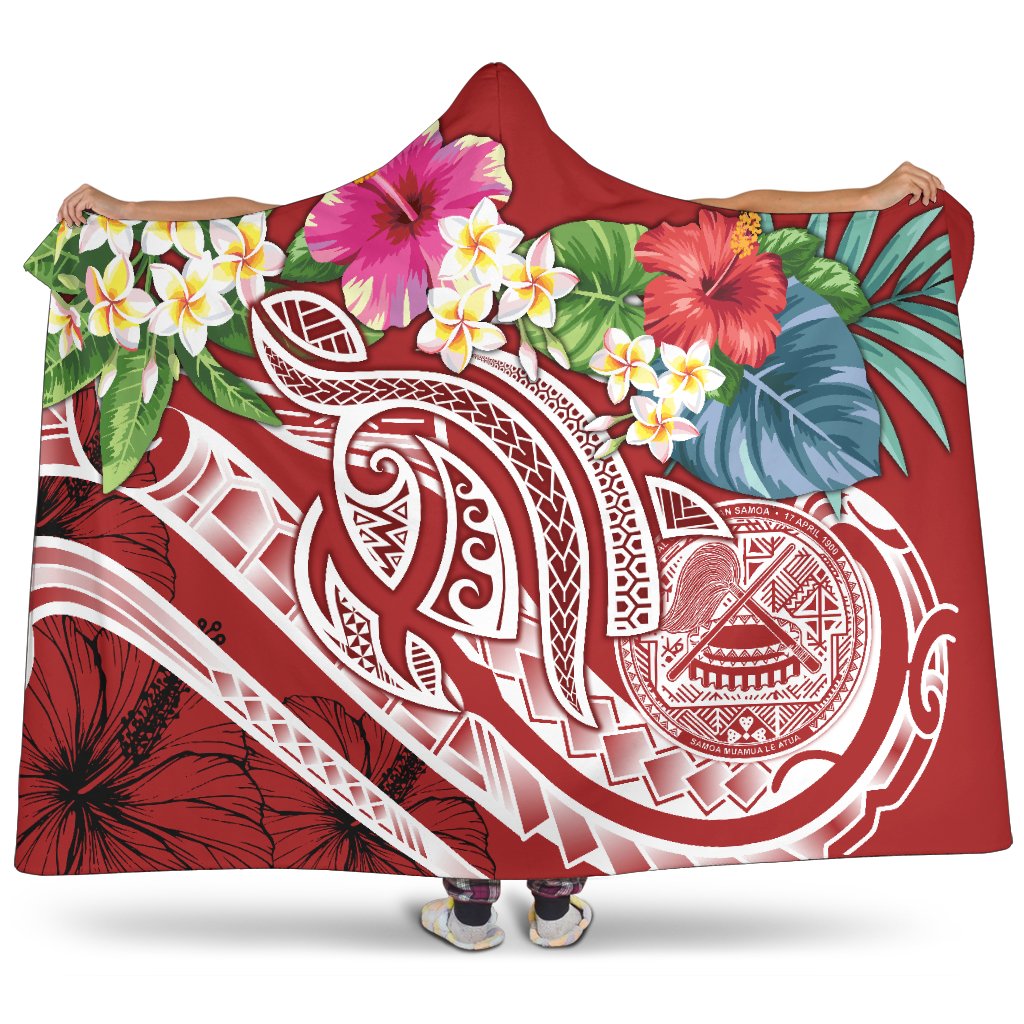 Polynesian American Samoa Hooded Blanket - Summer Plumeria (Red) Hooded Blanket Red - Polynesian Pride