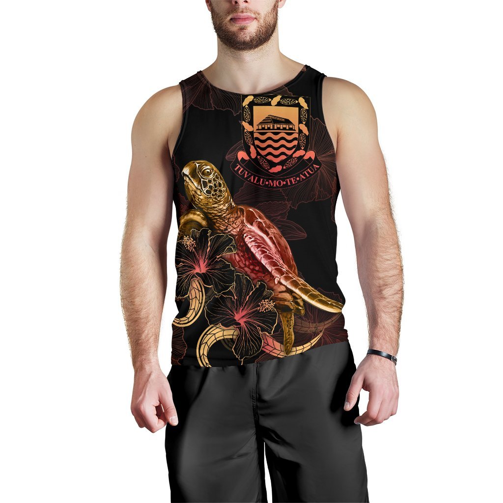 Tuvalu Men Tank Top - Turtle With Blooming Hibiscus Gold - Polynesian Pride