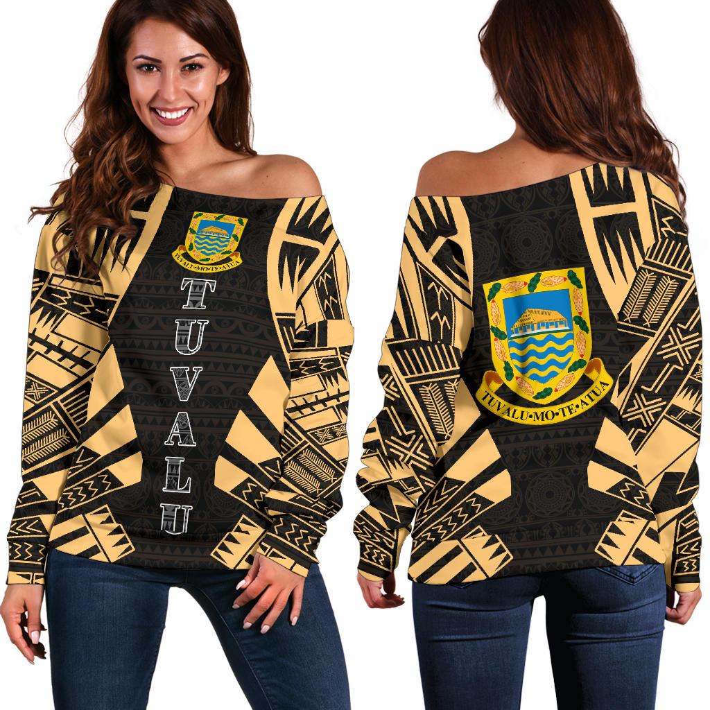 Tuvalu Women's Off Shoulder Sweater - Polynesian Tattoo Gold Gold - Polynesian Pride