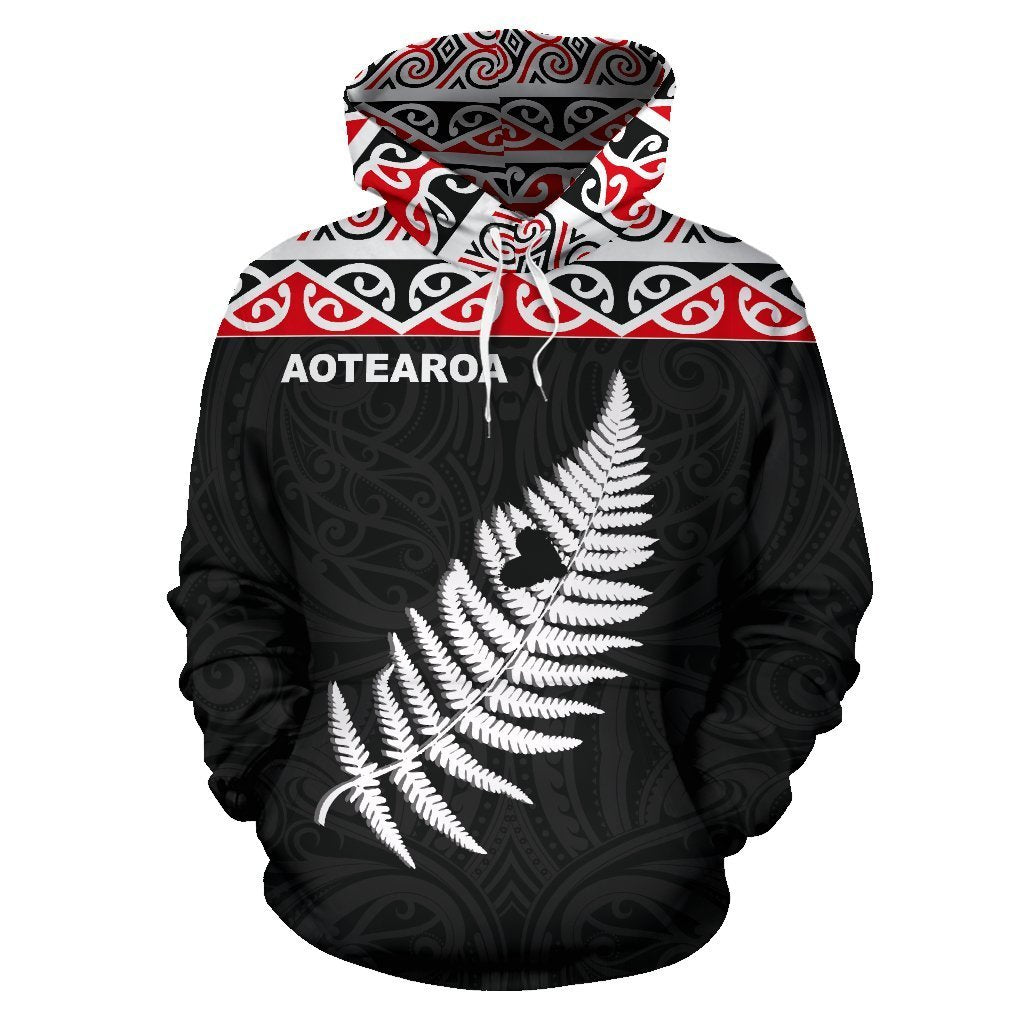 New Zealand Maori Hoodie, Aotearoa Silver Fern Pullover Hoodie Unisex Black - Polynesian Pride