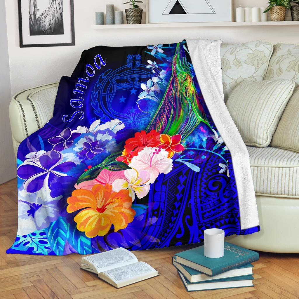 Samoa Premium Blanket - Humpback Whale with Tropical Flowers (Blue) White - Polynesian Pride