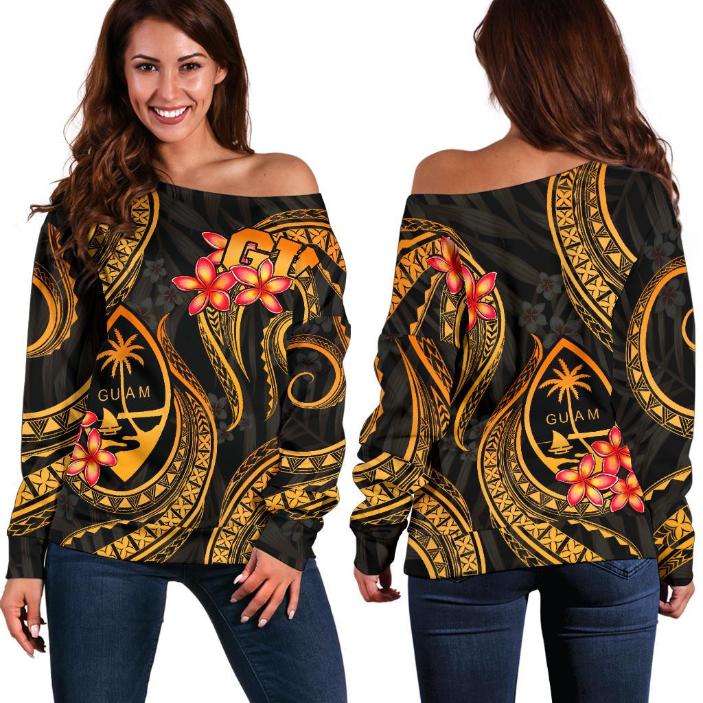 Guam Polynesian Women Off Shoulder Sweater - Gold Plumeria Gold - Polynesian Pride