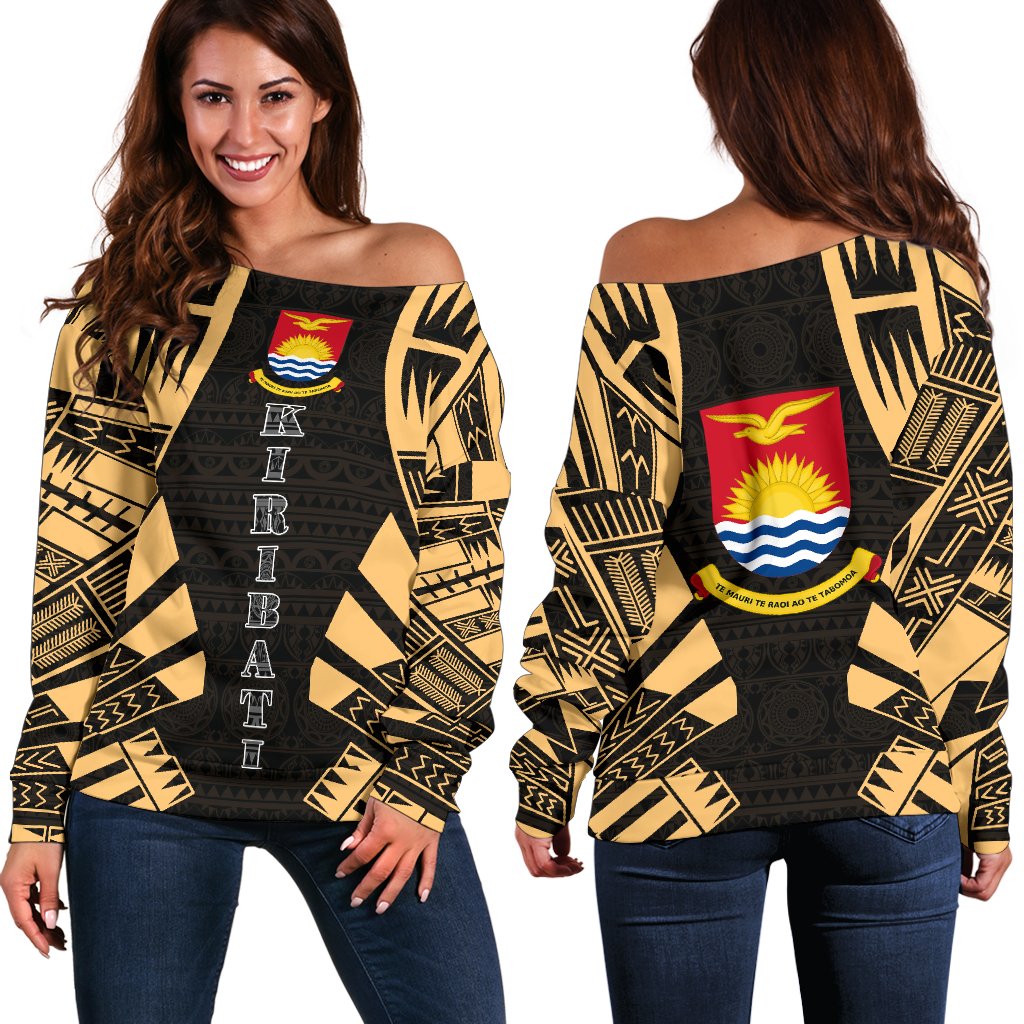 Kiribati Women's Off Shoulder Sweater - Polynesian Tattoo Gold Gold - Polynesian Pride