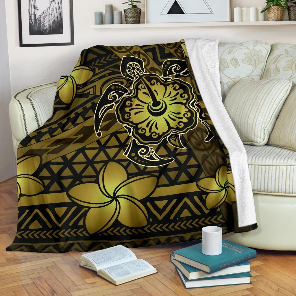 Hawaii Mix Polynesian Turtle Plumeria Premium Blanket - AH - Nick Style - Yellow White - Polynesian Pride