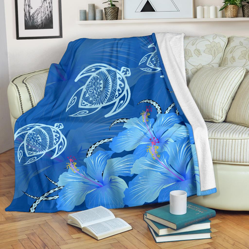 Hawaii Blue Hibiscus Turtle Polynesian Premium Blanket White - Polynesian Pride