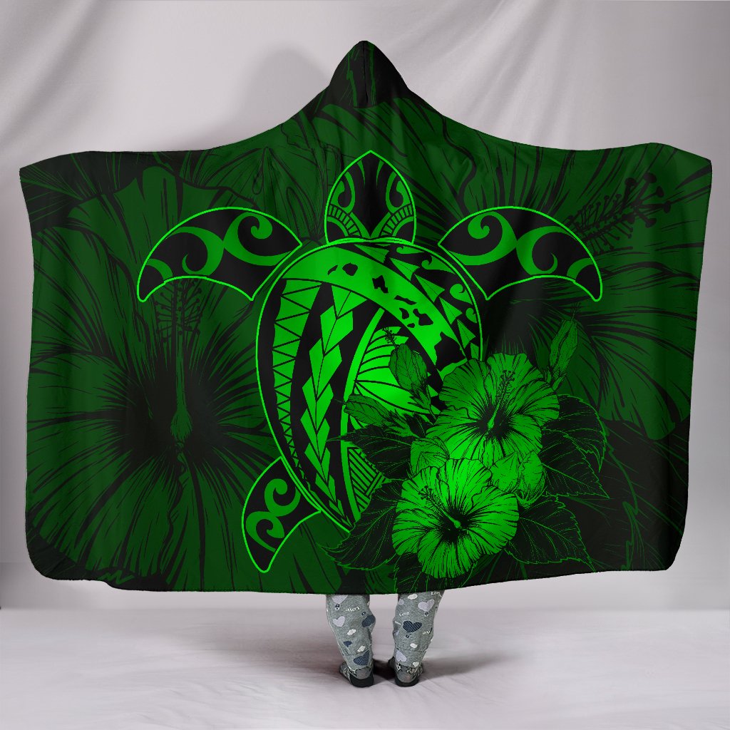 Hawaii Hibiscus Hooded Blanket - Harold Turtle - Green Hooded Blanket Green - Polynesian Pride