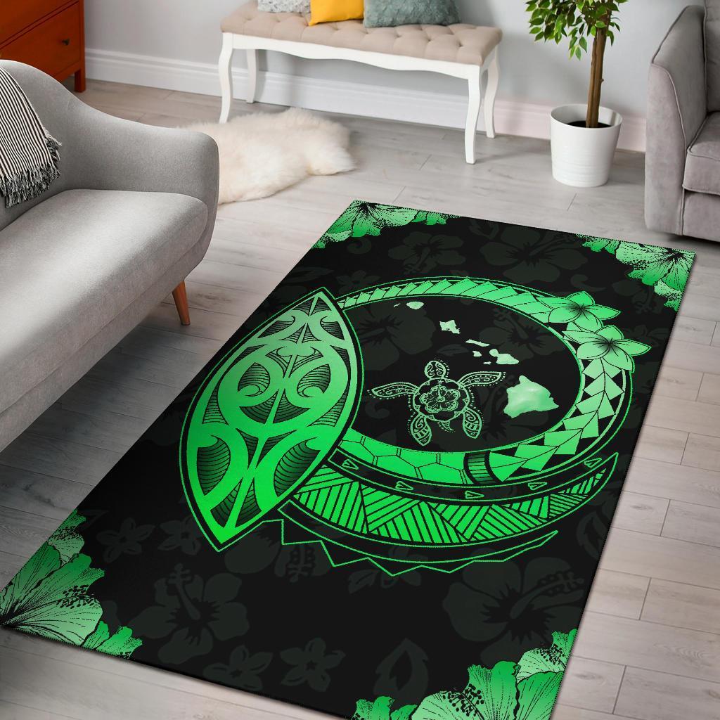 Hawaii Turtle Hibiscus Corner Map Polynesian Area Rug AH Rug Green - Polynesian Pride