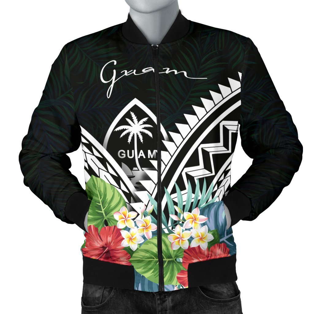 Guam Men's Bomber Jacket - Guam Coat of Arms & Polynesian Tropical Flowers White White - Polynesian Pride