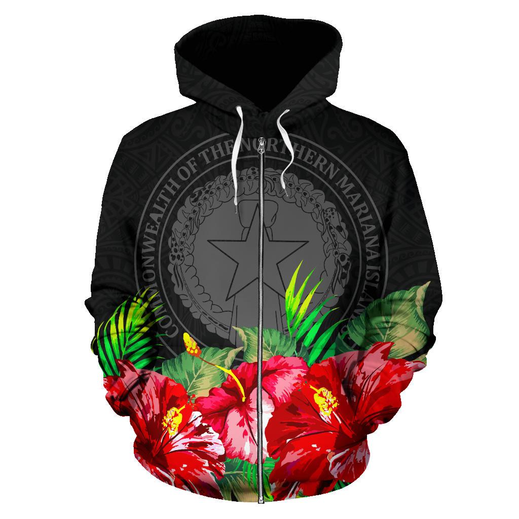 Northern Mariana Islands Polynesian Zip Hoodie Black Hibiscus - Polynesian Pride