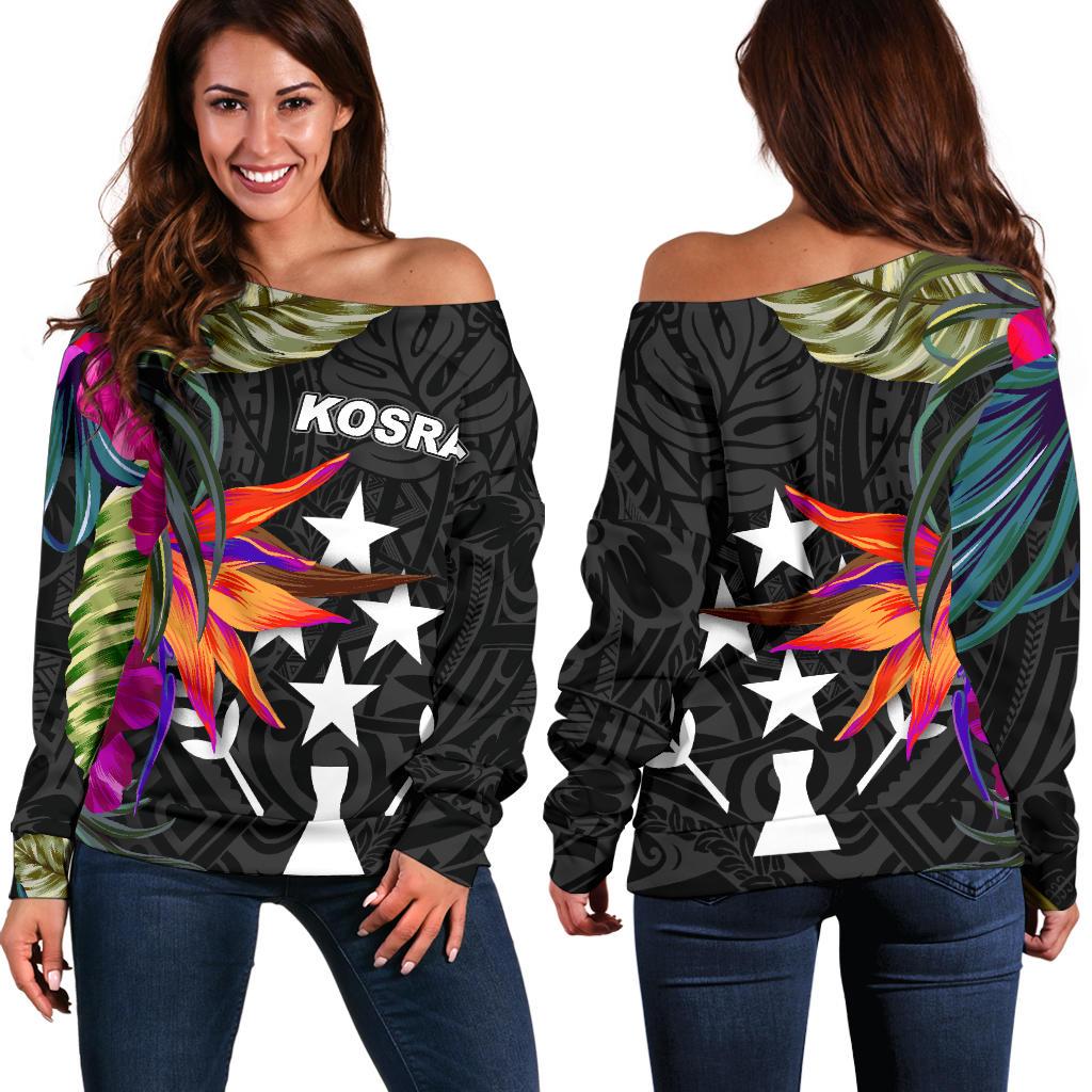 Kosrae Women's Off Shoulder Sweater - Polynesian Hibiscus Pattern Black - Polynesian Pride