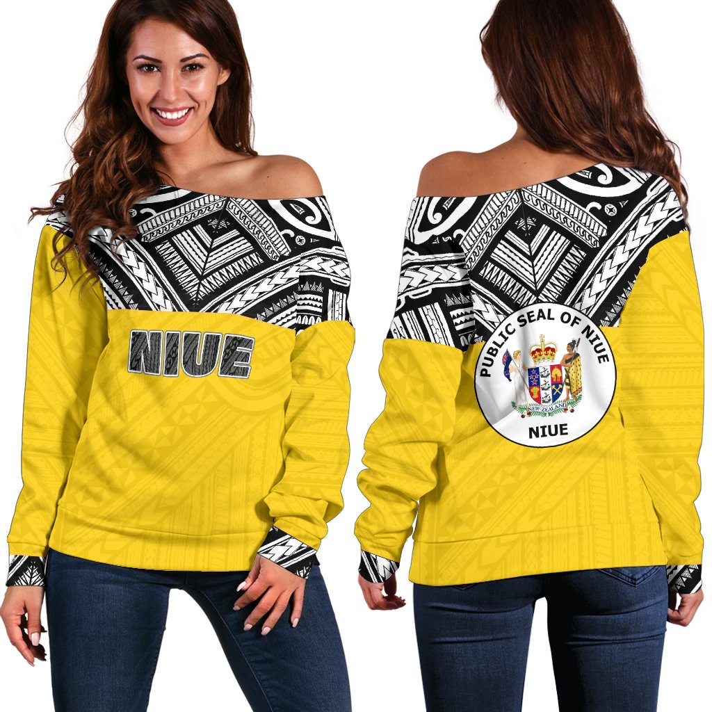 Niue Women's Off Shoulder Sweater - Polynesian Design Black - Polynesian Pride