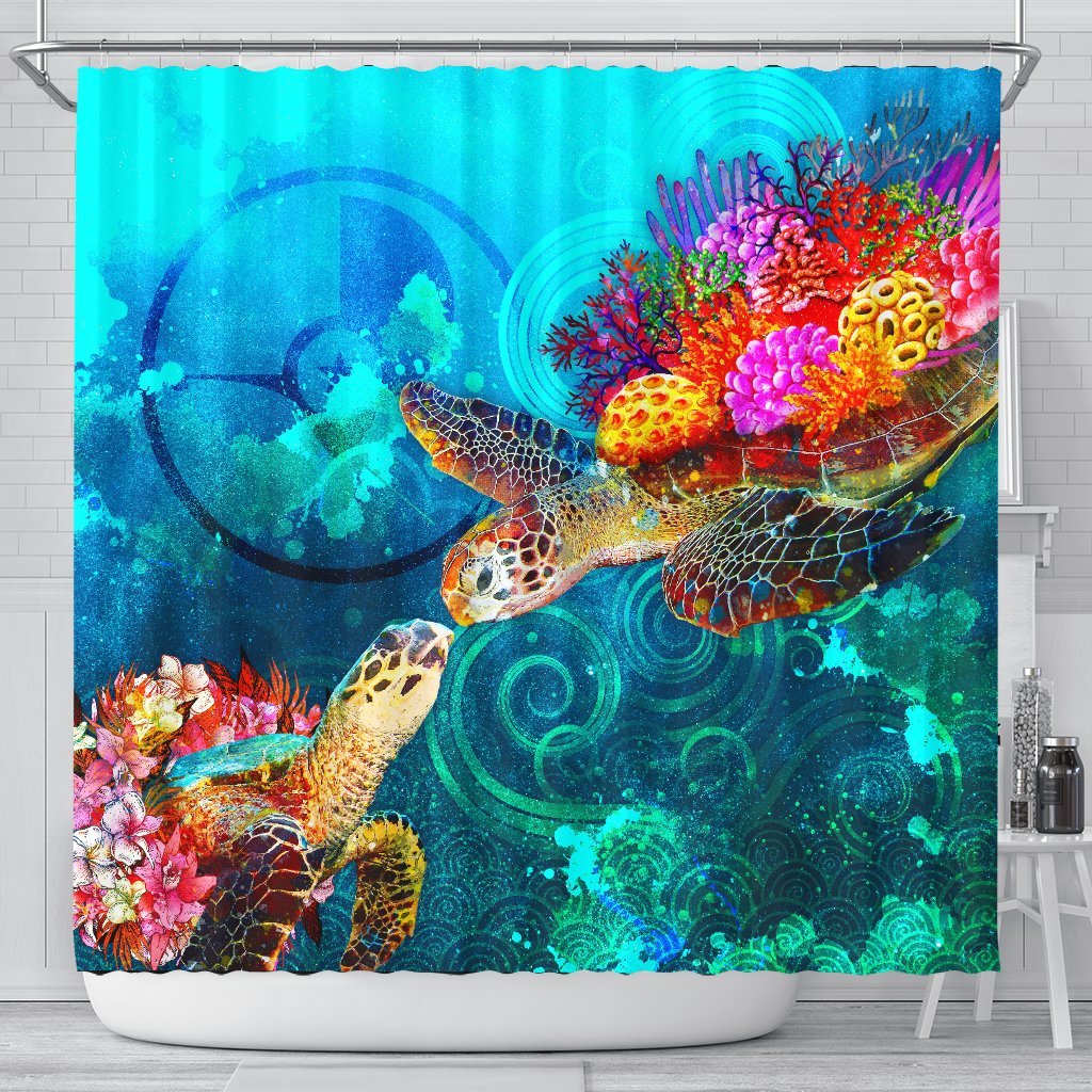 Yap Shower Curtain - Sea Turtle Coral Treasure 177 x 172 (cm) BLACK - Polynesian Pride