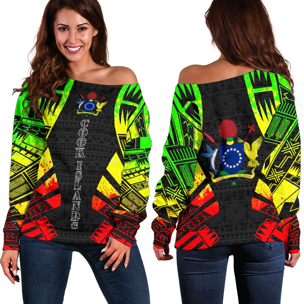 Cook Islands Women's Off Shoulder Sweater - Polynesian Tattoo Reggae Art - Polynesian Pride