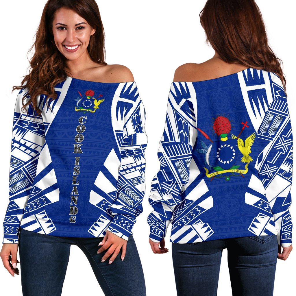 Cook Islands Women's Off Shoulder Sweater - Polynesian Tattoo Flag White - Polynesian Pride