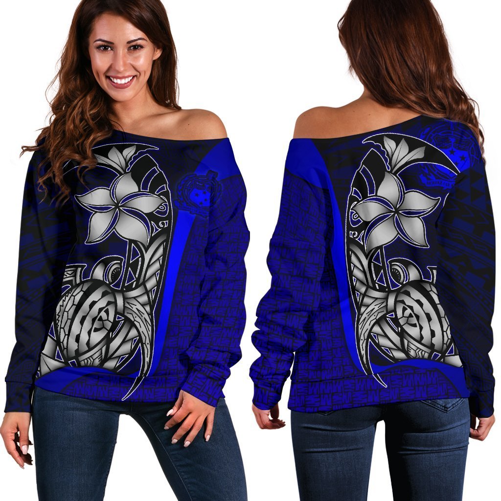 Samoa Polynesian Women Off Shoulder Sweater Blue - Turtle With Hook Blue - Polynesian Pride