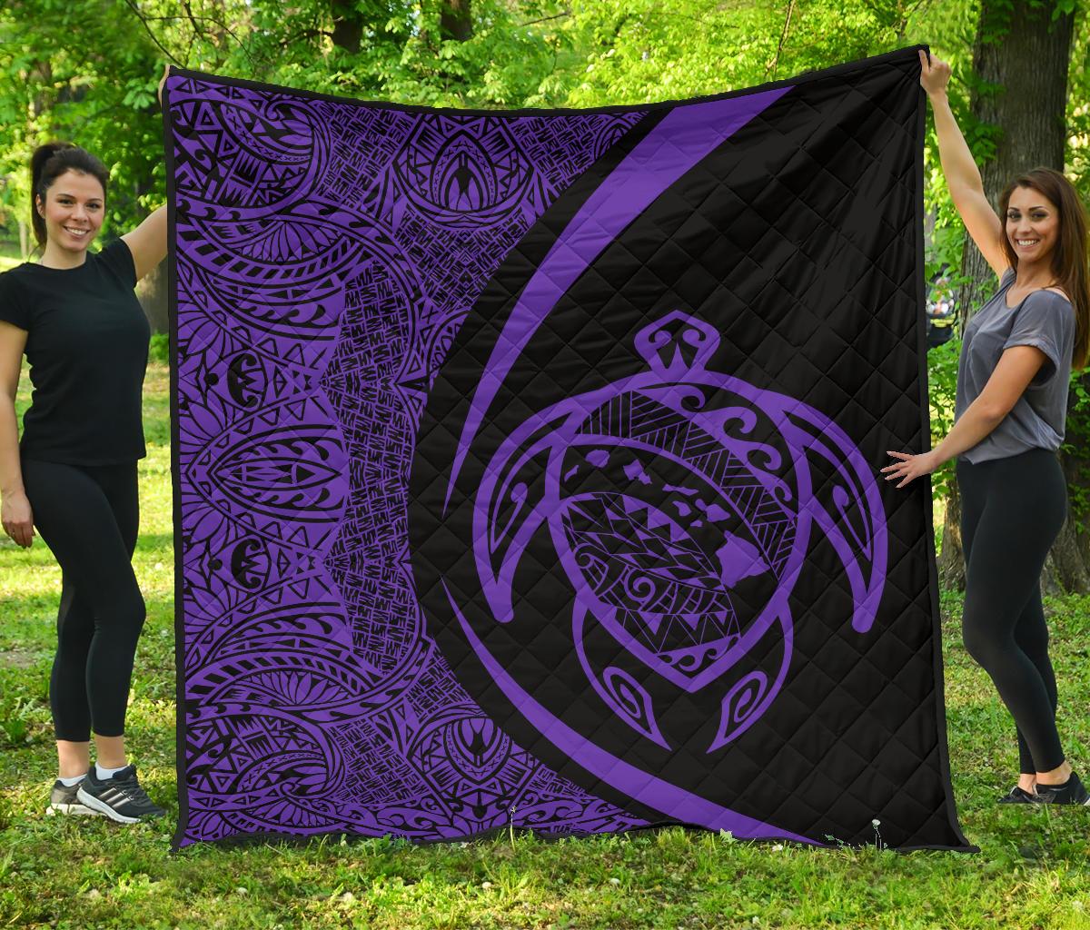 Hawaii Turtle Map Polynesian Premium Quilt - Purple - Circle Style Purple - Polynesian Pride