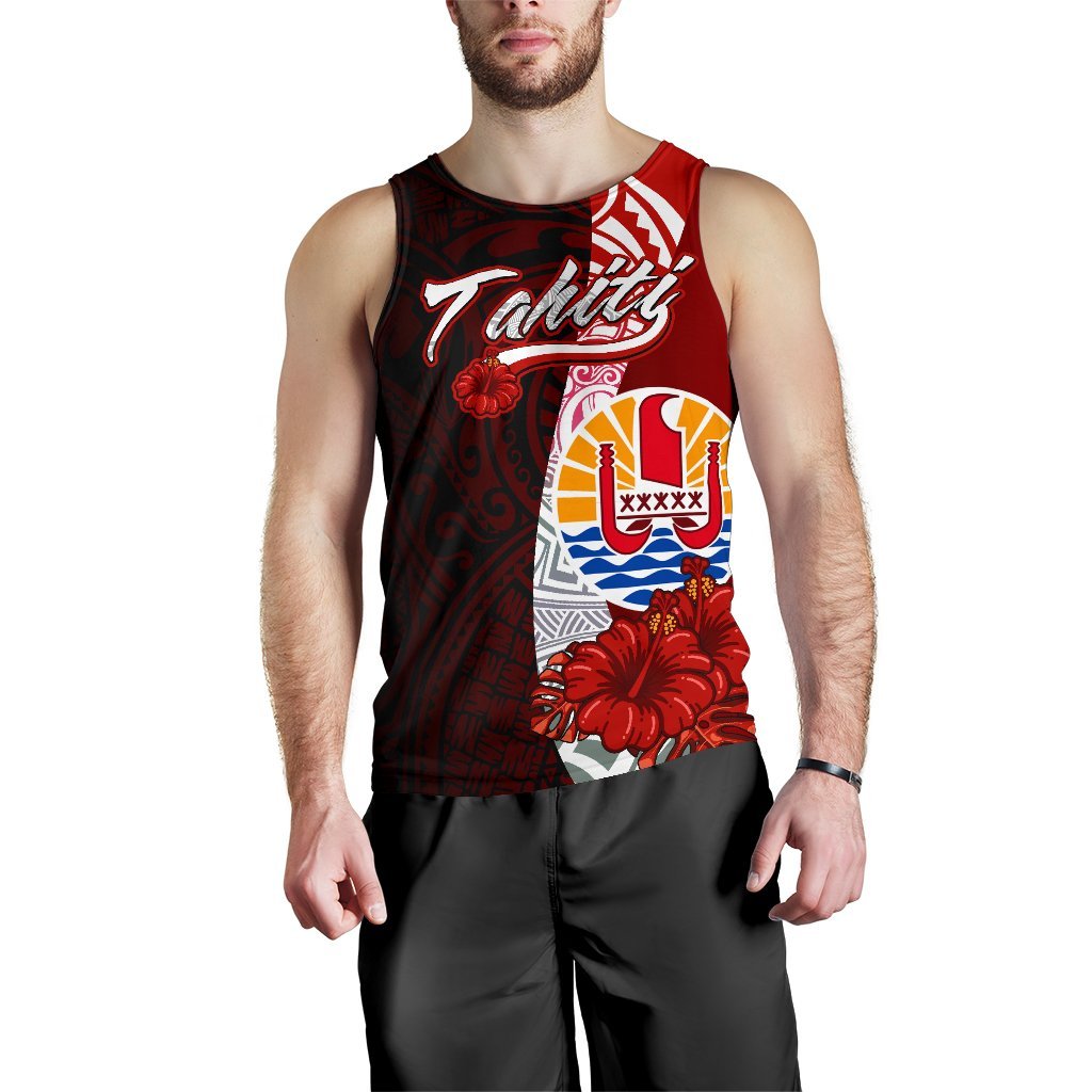 Tahiti Polynesian Men's Tank Top - Coat Of Arm With Hibiscus - Polynesian Pride