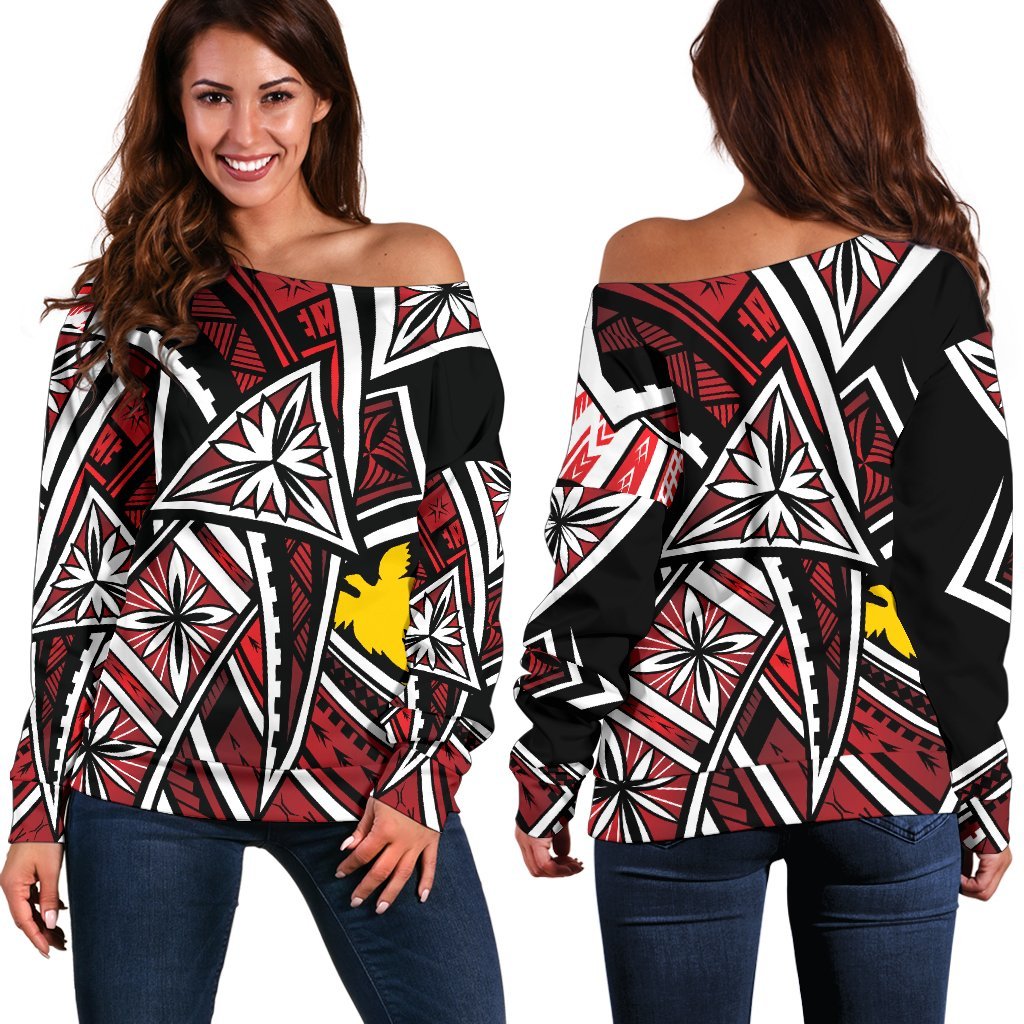 Papua New Guinea Women's Off Shoulder Sweaters - Tribal Flower Special Pattern Red Color Red - Polynesian Pride