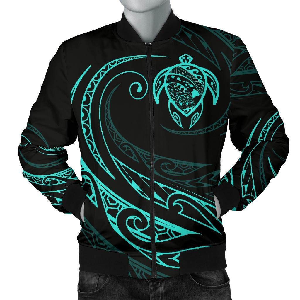 Hawaii Turtle Map Polynesian Men's Bomber Jacket - Turquoise - Frida Style Blue - Polynesian Pride