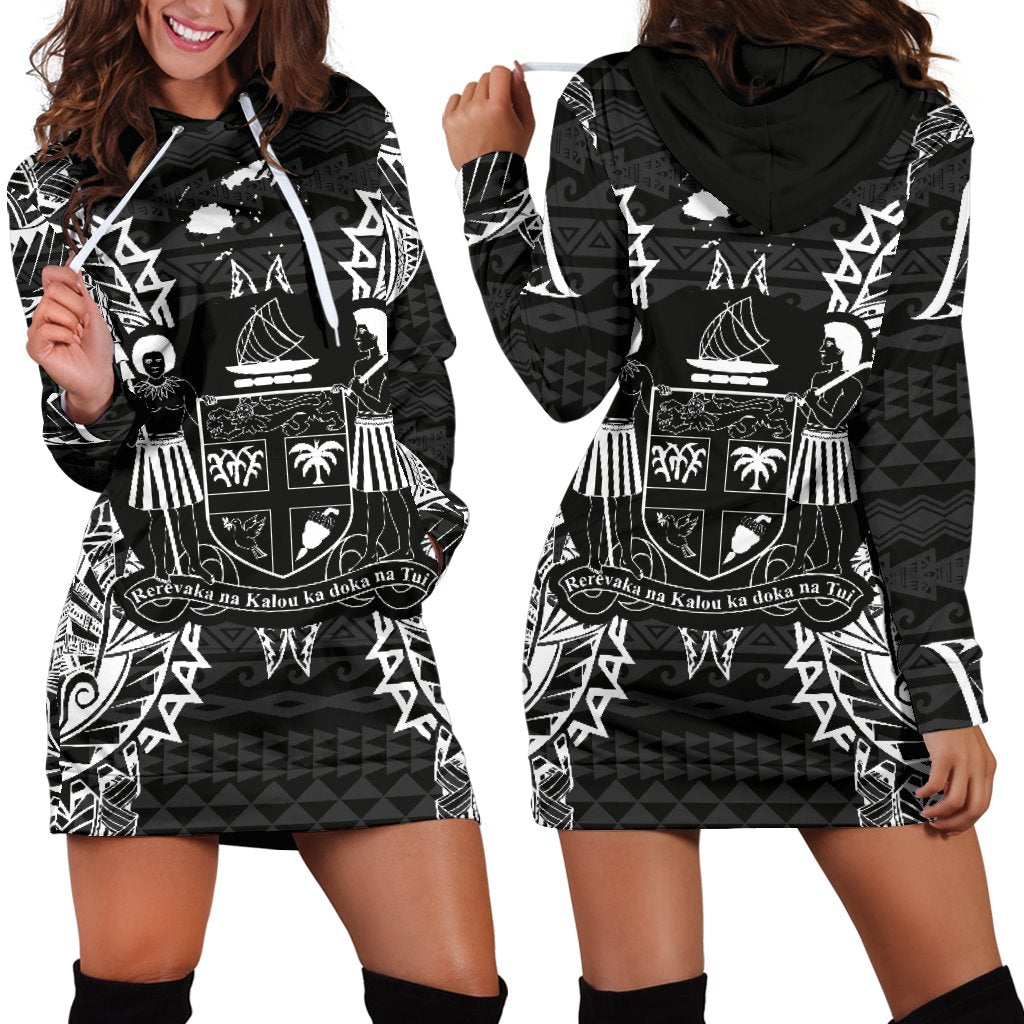 Fiji Polynesian Hoodie Dress Map Black Black - Polynesian Pride