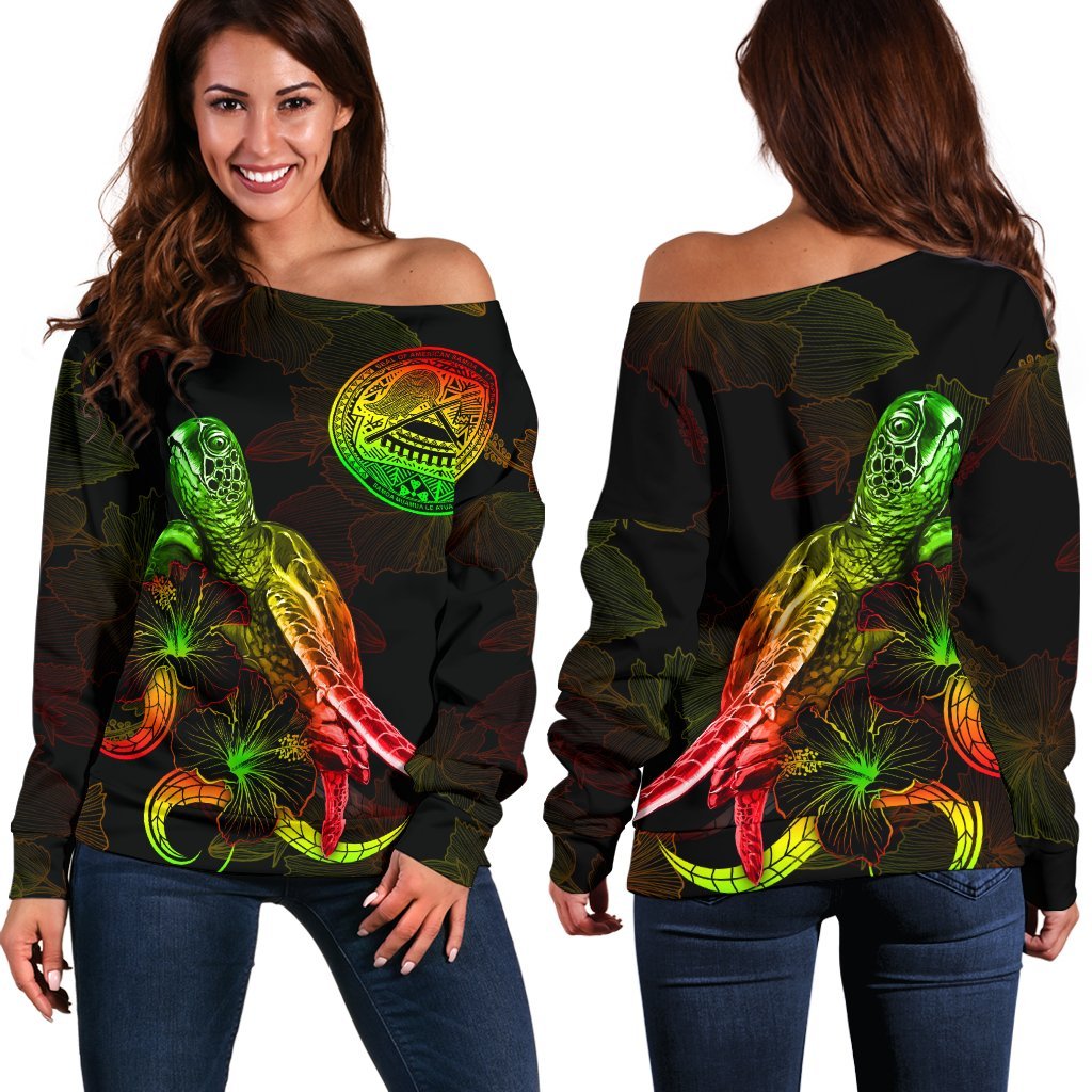 American Samoa Polynesian Women's Off Shoulder Sweater - Turtle With Blooming Hibiscus Reggae Art - Polynesian Pride