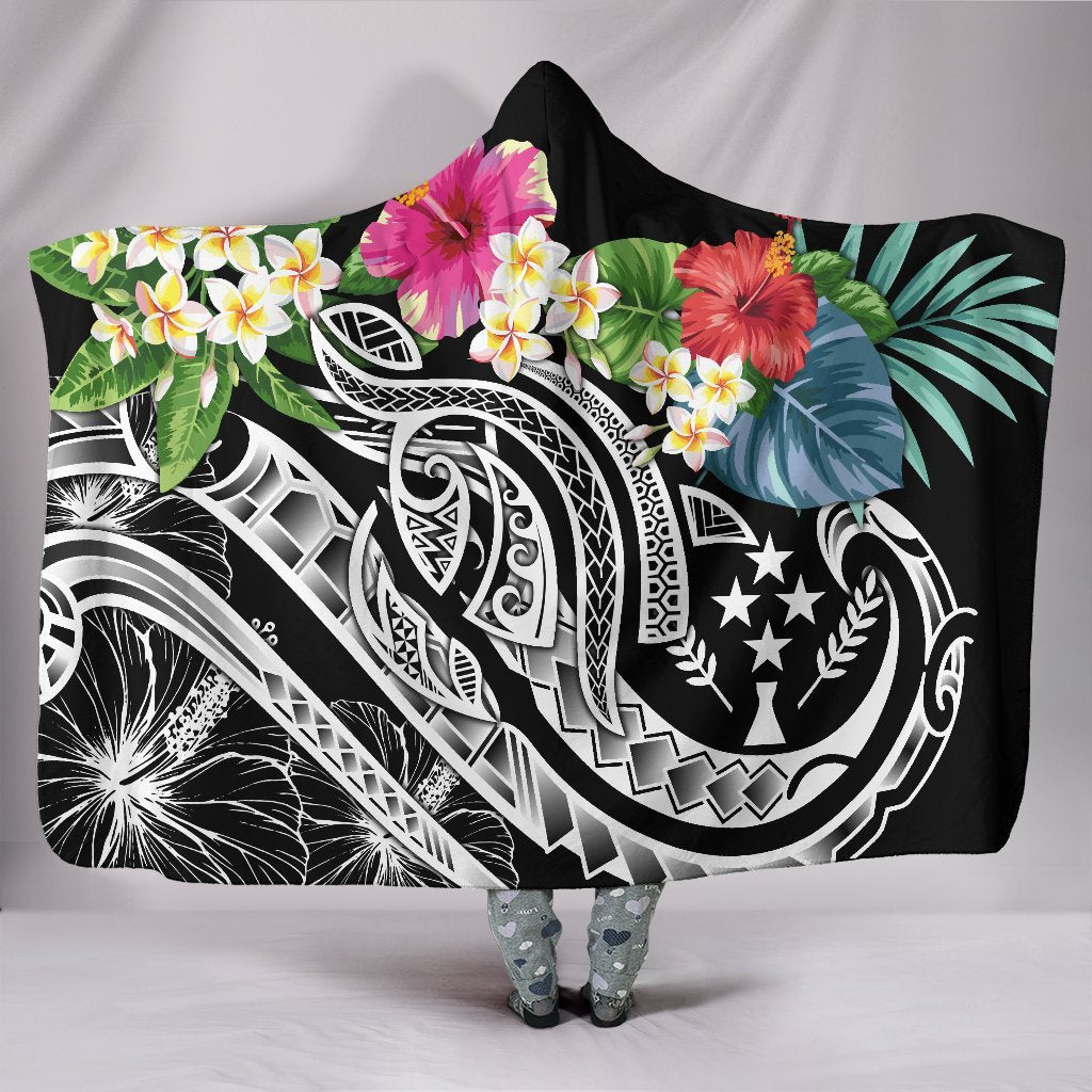 Kosrae Polynesian Hooded Blanket - Summer Plumeria (Black) Hooded Blanket Black - Polynesian Pride