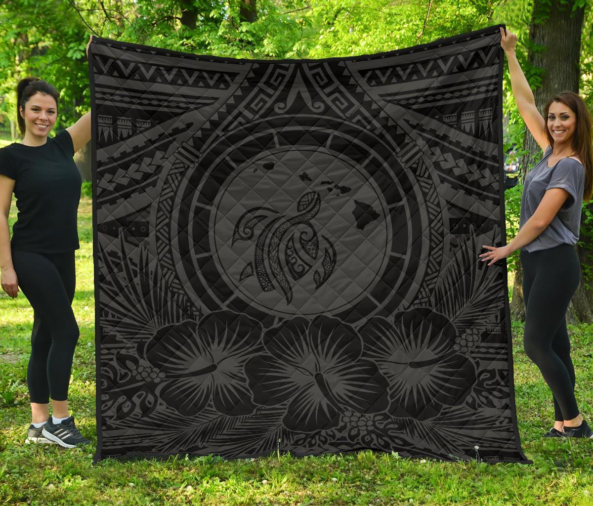 Hawaii Premium Quilt - Hawaii Map Honu Hibiscus Gray Polynesian Premium Quilt Gray - Polynesian Pride