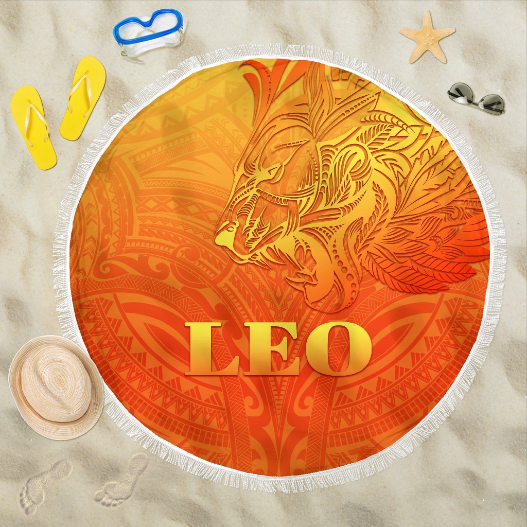 Sun In Leo Zodiac Beach Blanket Polynesian Tattoo Simple - Orange Beach Blanket One Size Orange - Polynesian Pride
