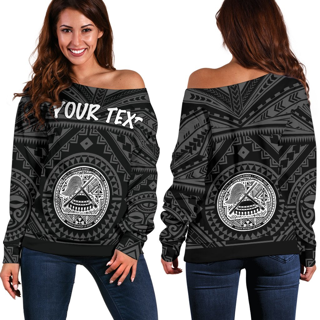 American Samoa Personalised Women's Off Shoulder Sweater - Seal In Polynesian Tattoo Style ( Black) - Polynesian Pride