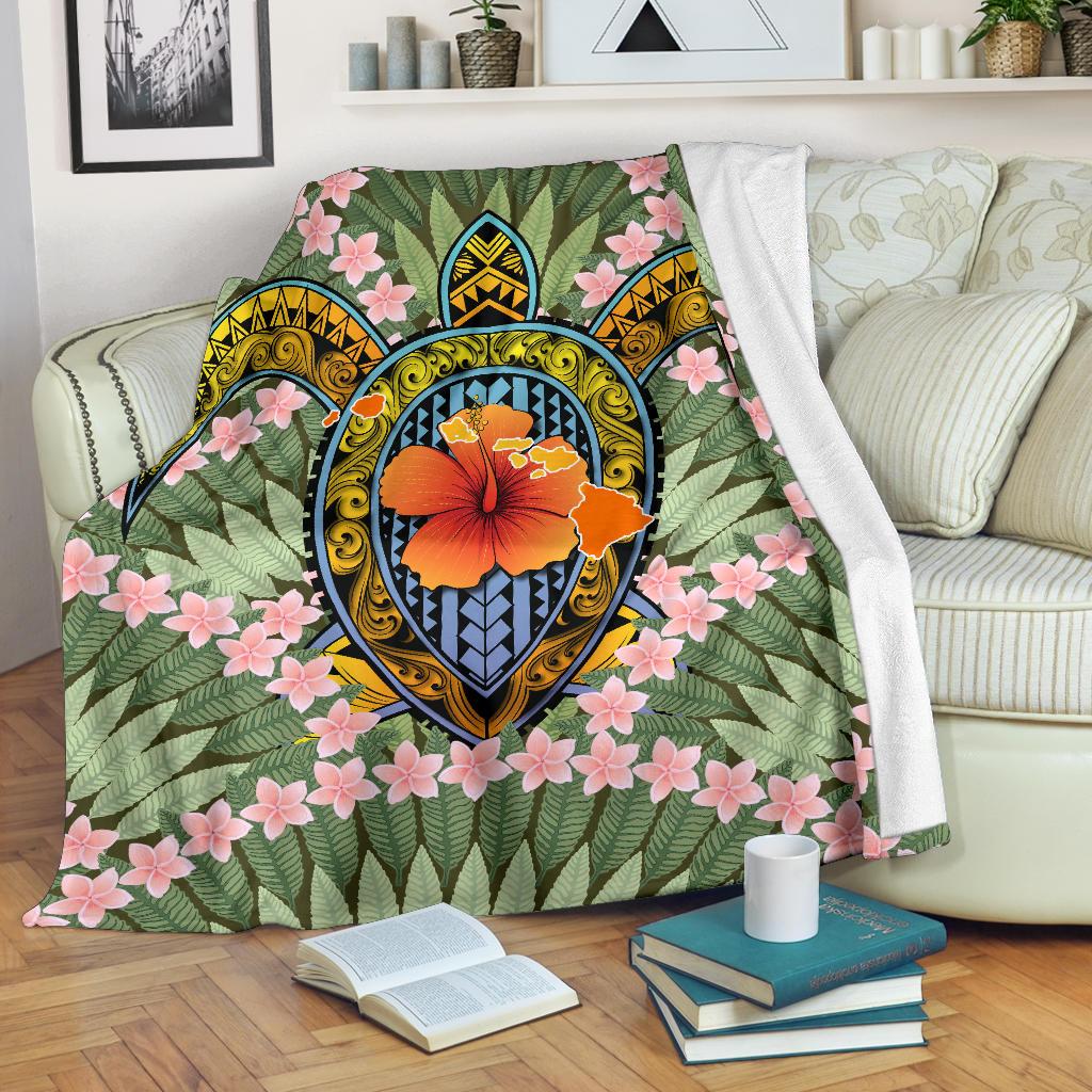 Hawaii Turtle Map Plumeria Hawaiian Tropical Premium Blanket - Candy Style - AH White - Polynesian Pride