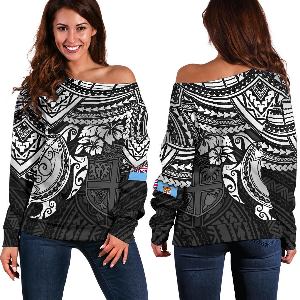 Fiji Polynesian Women's Off Shoulder Sweater - White Turtle White - Polynesian Pride